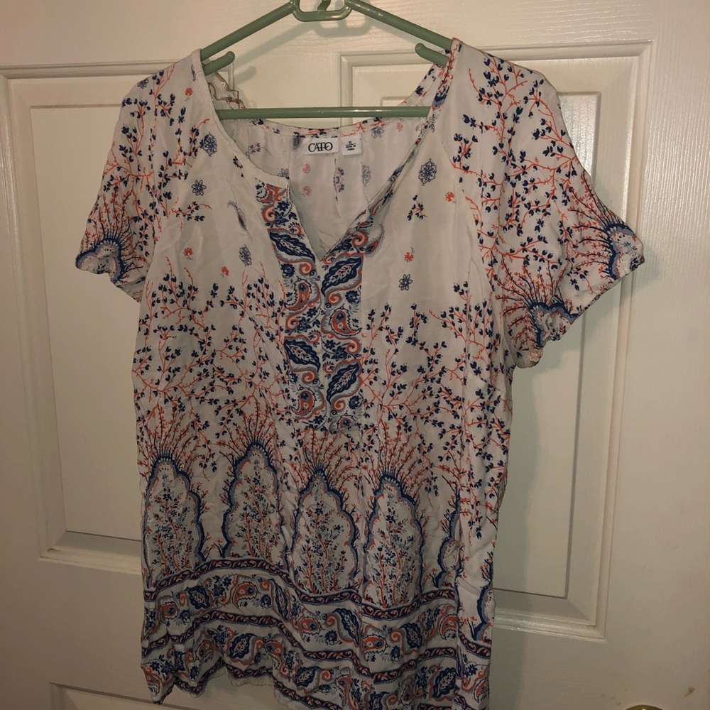 Beige top with blue and orange print